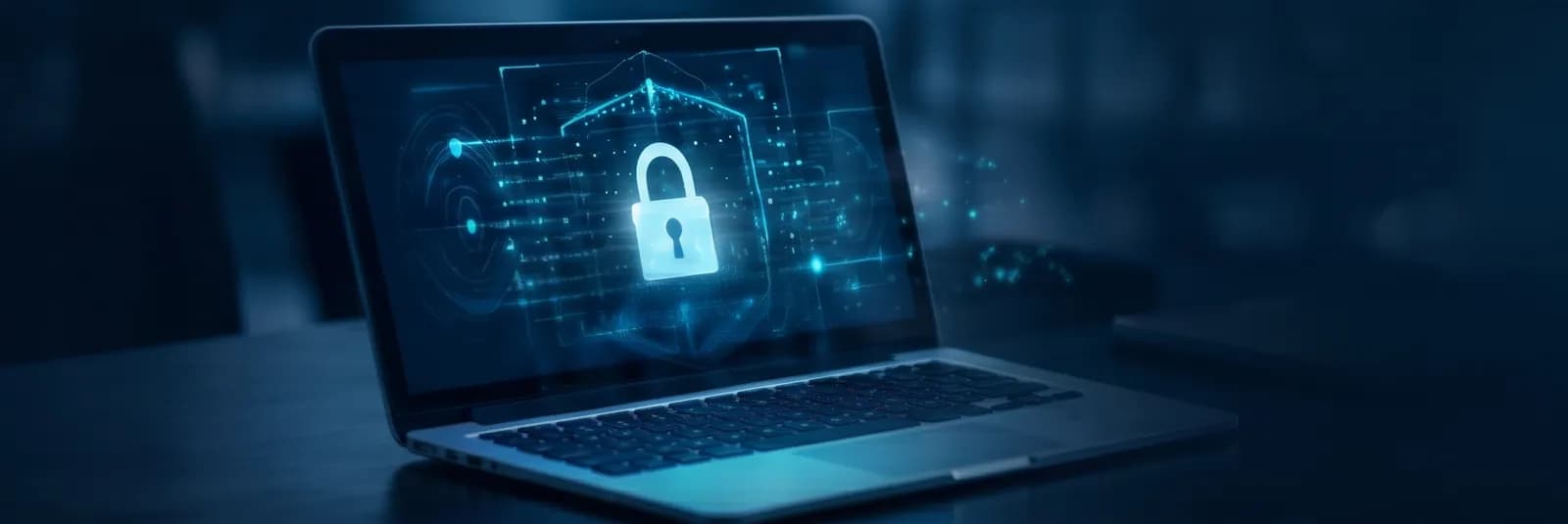 Laptop displaying a padlock over secured government data
