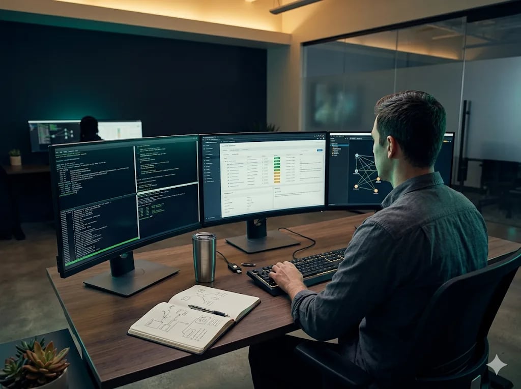 PlutoSec engineer performing manual penetration testing at a workstation with terminal output and structured assessment notes
