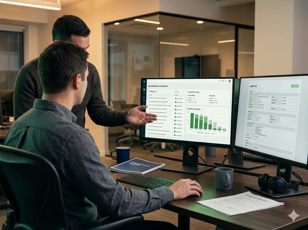 PlutoSec engineers reviewing verified fixed remediation outcomes on a clean dashboard showing closed out engagement findings